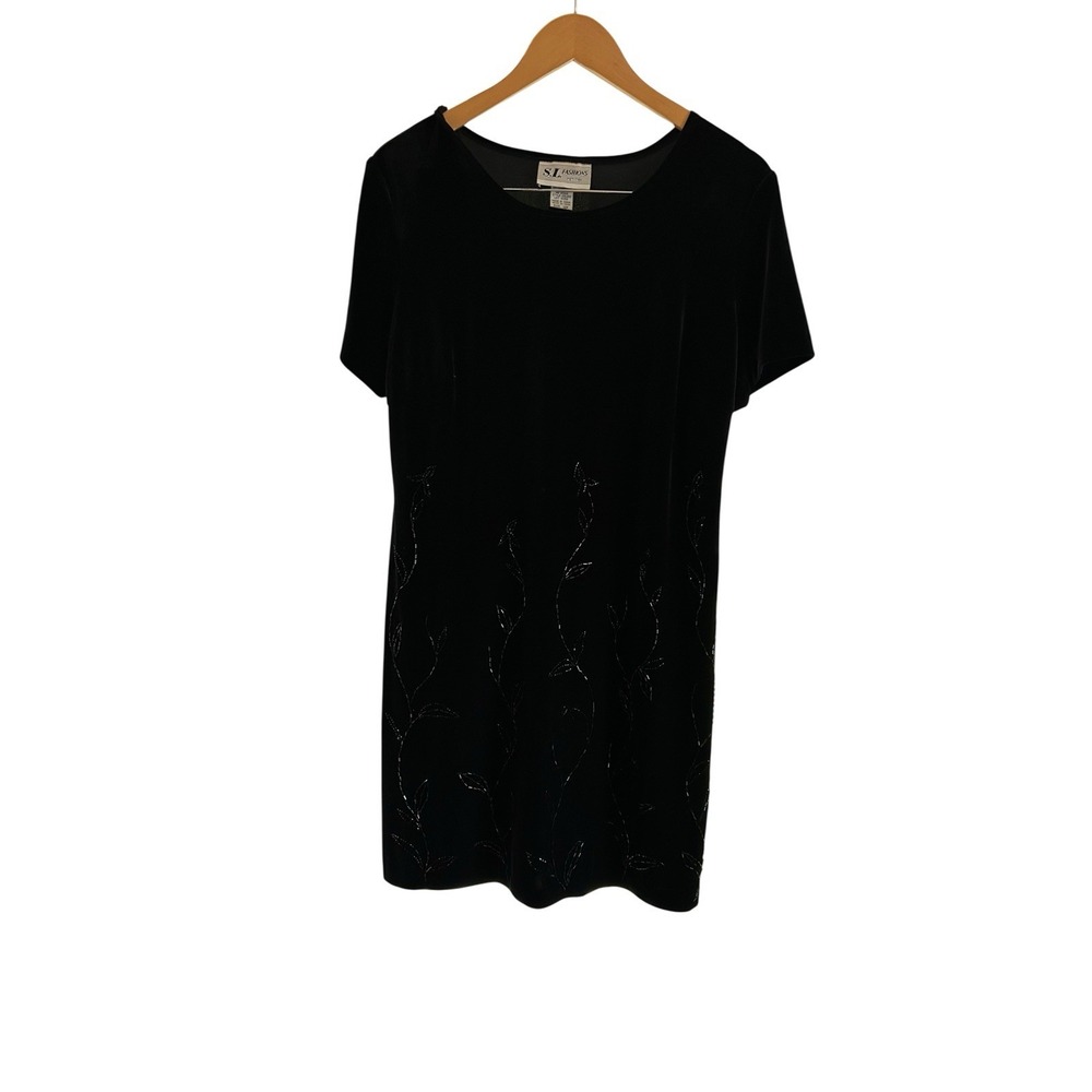 Y2K Black Velvet‎ Dress With embroidered Beaded Flower Pattern  Black Sz 12P